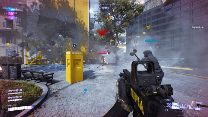 The player aims at a target in an area covered in smoke in The Finals