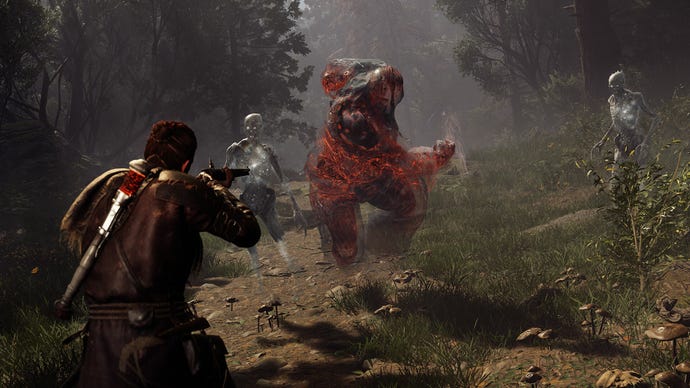 Banishers protagonist Red fighting two humanoid ghosts and a huge red-black monster