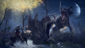 A player character on horseback confronts a huge dragon in Elden Ring