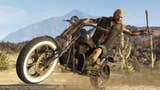 Grand Theft Auto 5 screenshot showing a man on a motorbike wearing a leather vest and wielding a knife