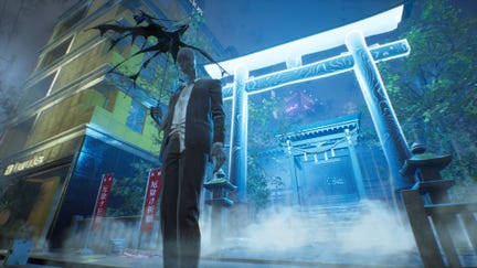 In Ghostwire Tokyo, an umbrella-wielding Visitor guards a corrupted shrine.