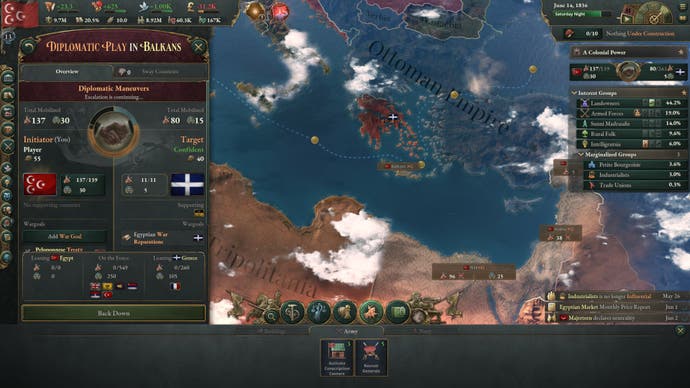 2022 best games Victoria 3 - screenshot of North Africa, with a large menu on the left detailing your Diplomatic options in the Balkans