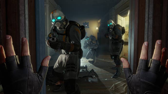 Alyx Vance is approached by armed soldiers in Half-Life Alyx