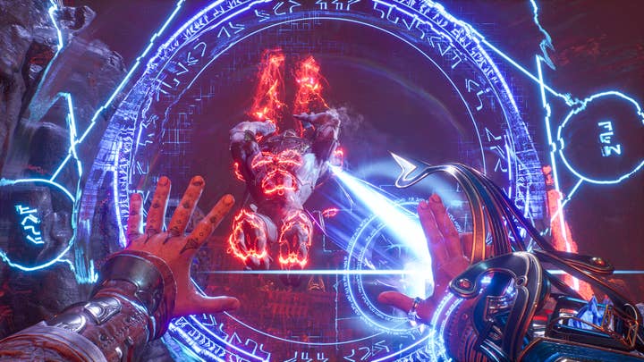 A first-person view from Immortals of Aveum of the player's hands as they cast a spell on a hulking monster