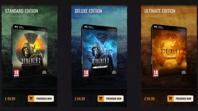 The three editions of Stalker 2: Heart Of Chornobyl with box art for each one, as shown on the Stalker 2 website.