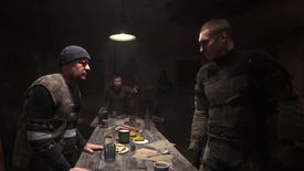 A group of NPCs argue around a table in a dimly lit room in Stalker 2: Heart Of Chornobyl.