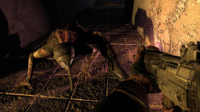 A image from Stalker Shadow Of Chernobyl which shows the player aiming at a creature that's wearing a gas mask and  crawling on all fours.