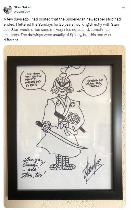 Screenshot of a tweet from Stan Sakai featuring an image of a drawing of Usagi Yojimbo