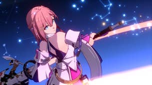 Honkai Star Rail Asta build: An anime woman with bobbed pink hair, wearing a draping white and pink dress with cutouts around the shoulder, is standing against a backdrop of stars