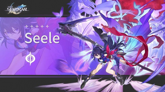 Construção de Seele Rail Seele de Honkai Star: Uma mulher de anime com longos cabelos roxos e asas de borboleta carmesim e roxa está segurando uma foice gigante de metal atrás das costas. Ela é retratada contra um toque de violeta brilhante e vermelho ao fundo
