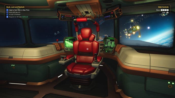 یک اسکرین شات از Star Trucker که کابین داخلی یک کامیون فضایی را نشان می‌دهد، با یک صندلی چرمی قرمز بسیار راحت.