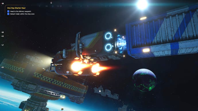 اسکرین شات Star Trucker که نمای خارجی یک دکل فضایی را نشان می دهد که پیشرانش را شلیک می کند.