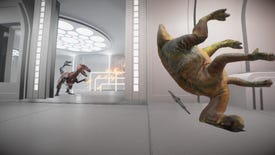 Dinosaurs fighting in a Star Wars Battlefront 2: JurassicFront screenshot.