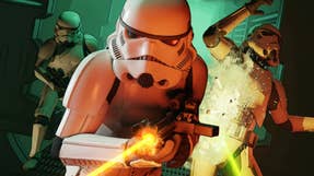 star wars dark forces remaster key art showing a stormtrooper firing a blaster rifle