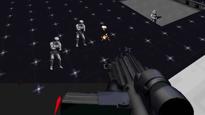 Der Spieler schießt unten im Gameplay von Star Wars: Dark Forces Remaster mit einem Blaster auf Sturmtruppen