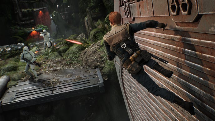 Cal Kestis from Star Wars: Jedi Fallen Order doing a cool wall run towards some Stormtroopers, who are firing at him