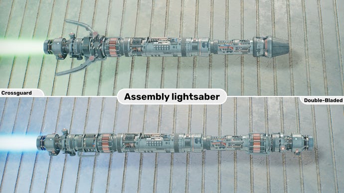Two close-up images of the Assembly lightsaber in Jedi: Survivor. The top image is of the lightsaber in Crossguard form with a green blade, while the bottom image is of the double-bladed form with a blue blade.