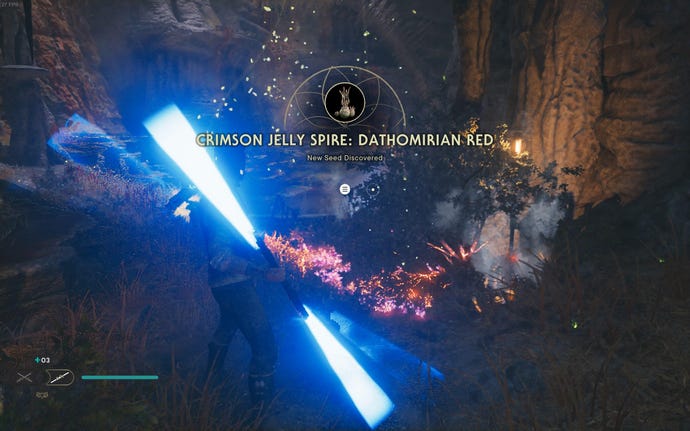 Cal slashes a plant in Jedi: Survivor.