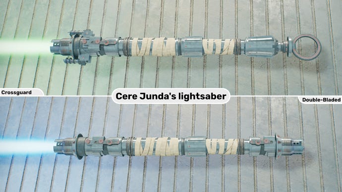 Two close-up images of the Cere Junda lightsaber in Jedi: Survivor. The top image is of the lightsaber in Crossguard form with a green blade, while the bottom image is of the double-bladed form with a blue blade.