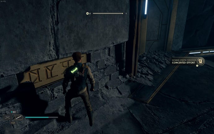 Cal approaches and picks up a collectible item on Koboh in Jedi: Survivor.
