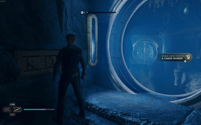 Cal approaches and picks up a collectible item on Koboh in Jedi: Survivor.