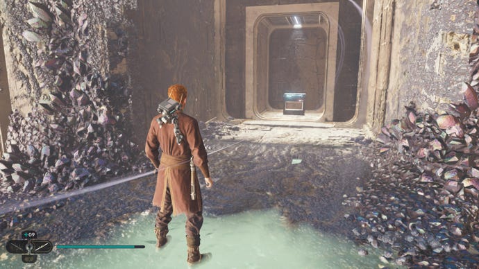 Cal approaches and picks up a collectible item on Koboh in Jedi: Survivor.