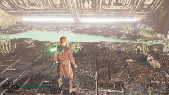 Cal approaches and picks up a collectible item on Koboh in Jedi: Survivor.