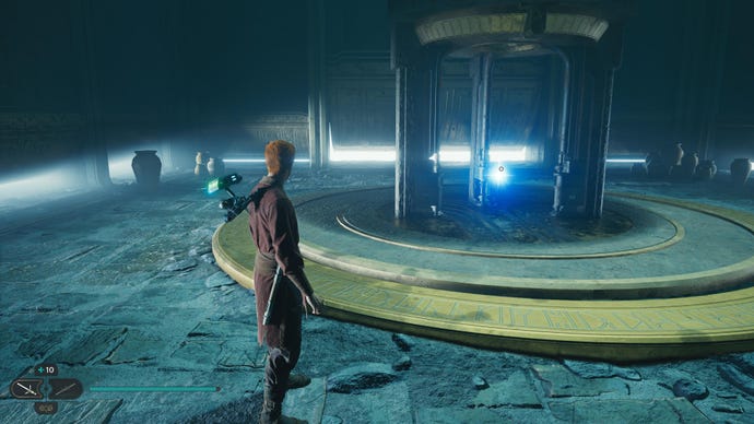 Cal approaches and picks up a collectible item on Koboh in Jedi: Survivor.