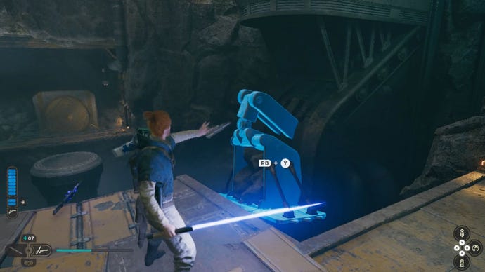El Star Wars Jedi: Survivor Chamber of Fortitude ejecuta un aparato de pared cerca de la entrada de la cámara.