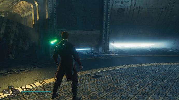 Cal approaches and picks up a collectible item on Koboh in Jedi: Survivor.