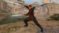 Cal Kestis, the main character of Star Wars Jedi: Survivor, standing in front of a rocky landscape and brandishing two lightsaber blades