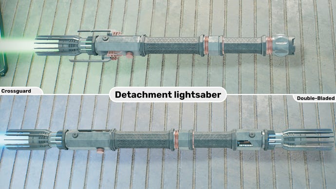 Two close-up images of the Detachment lightsaber in Jedi: Survivor. The top image is of the lightsaber in Crossguard form with a green blade, while the bottom image is of the double-bladed form with a blue blade.
