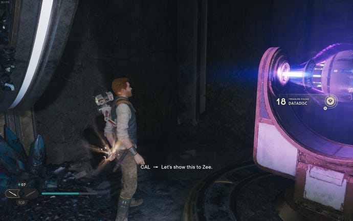 Cal picks up a Datadisc from the Devastated Settlement on Koboh in Jedi: Survivor.