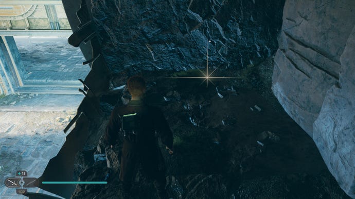Cal picks up a Datadisc from the Devastated Settlement on Koboh in Jedi: Survivor.