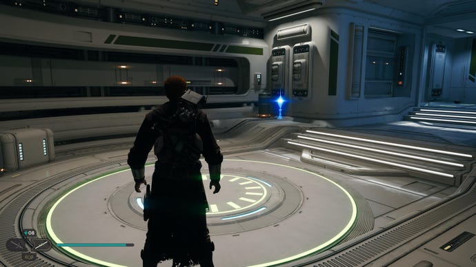 Cal approaches and picks up a collectible item on Koboh in Jedi: Survivor.