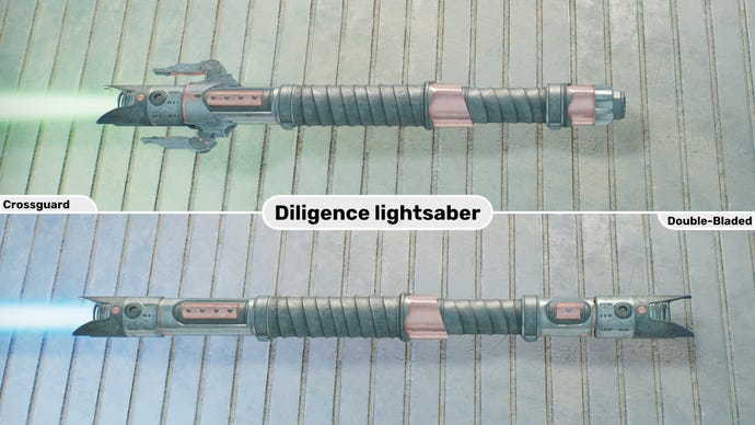 Two close-up images of the Diligence lightsaber in Jedi: Survivor. The top image is of the lightsaber in Crossguard form with a green blade, while the bottom image is of the double-bladed form with a blue blade.