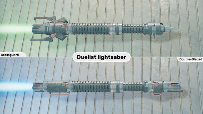 Dua gambar close-up dari duelist lightsaber di Jedi: Survivor. Gambar atas adalah dari lightsaber dalam bentuk crossguard dengan pisau hijau, sedangkan gambar bawah dari bentuk berbilah ganda dengan pisau biru