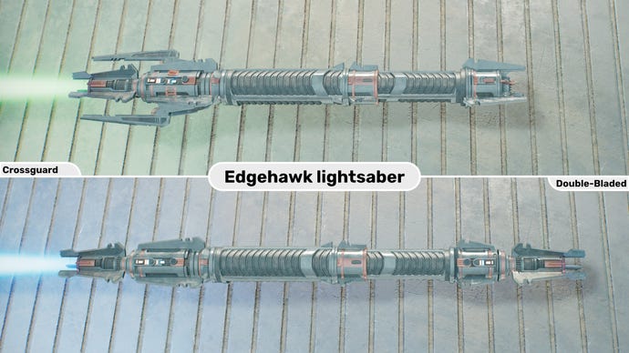 Two close-up images of the Edgehawk lightsaber in Jedi: Survivor. The top image is of the lightsaber in Crossguard form with a green blade, while the bottom image is of the double-bladed form with a blue blade.
