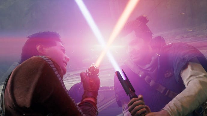 Cal Kestis and Bode Akuna engage in a lightsaber battle in Star Wars Jedi: Survivor ending.