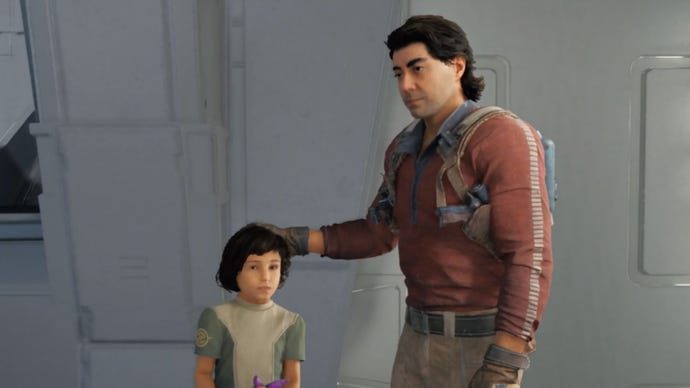 Bode pats his daughter, Kata, near the Star Wars Jedi: Survivor ending.