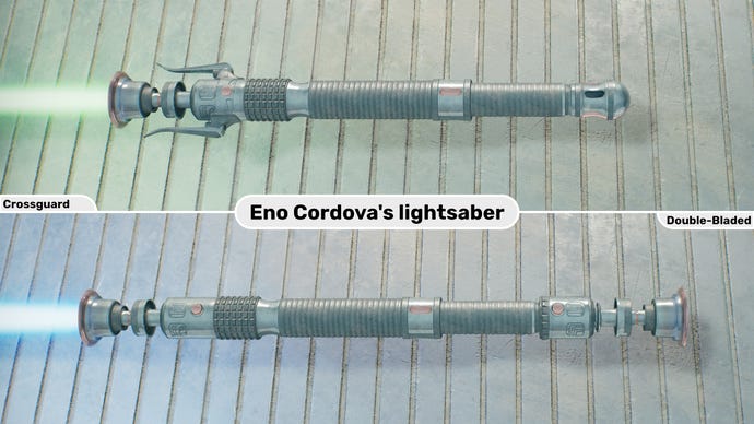 Two close-up images of the Eno Cordova lightsaber in Jedi: Survivor. The top image is of the lightsaber in Crossguard form with a green blade, while the bottom image is of the double-bladed form with a blue blade.