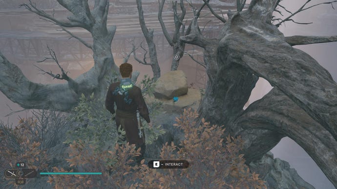 Cal approaches and picks up a collectible item on Koboh in Jedi: Survivor.