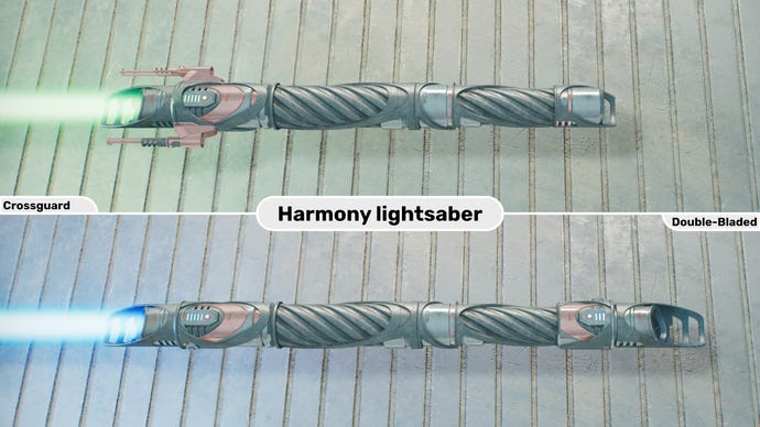Two close-up images of the Harmony lightsaber in Jedi: Survivor. The top image is of the lightsaber in Crossguard form with a green blade, while the bottom image is of the double-bladed form with a blue blade.