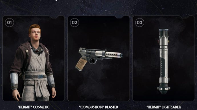 A promotional image of three cosmetics for those who pre-order Jedi: Survivor. From left to right: the Hermit outfit, Combustion blaster, and Hermit lightsaber.