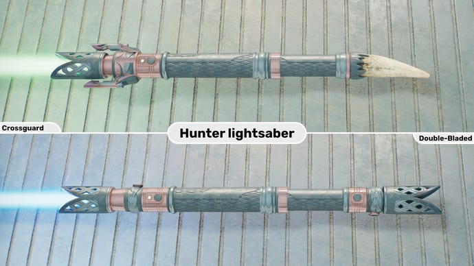 Two close-up images of the Hunter lightsaber in Jedi: Survivor. The top image is of the lightsaber in Crossguard form with a green blade, while the bottom image is of the double-bladed form with a blue blade.