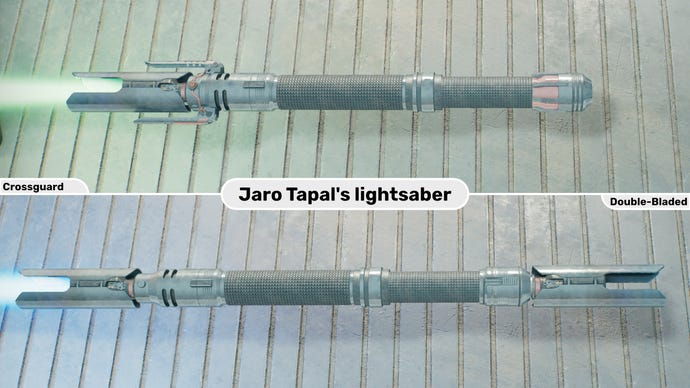 Two close-up images of the Jaro Tapal lightsaber in Jedi: Survivor. The top image is of the lightsaber in Crossguard form with a green blade, while the bottom image is of the double-bladed form with a blue blade.