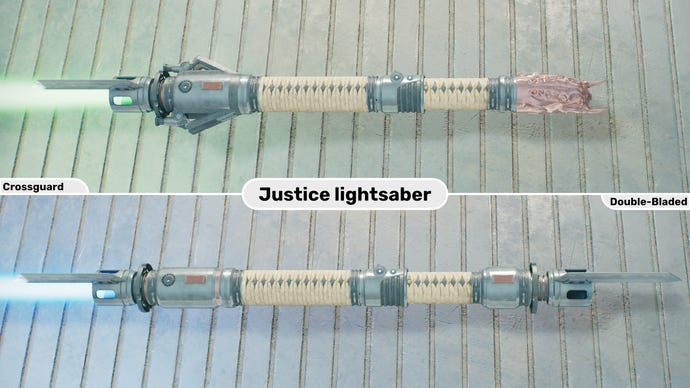 Two close-up images of the Justice lightsaber in Jedi: Survivor. The top image is of the lightsaber in Crossguard form with a green blade, while the bottom image is of the double-bladed form with a blue blade.