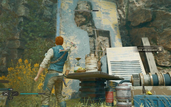 Cal and BD-1 scan a databank entry in the Basalt Rift of Koboh in Jedi: Survivor.