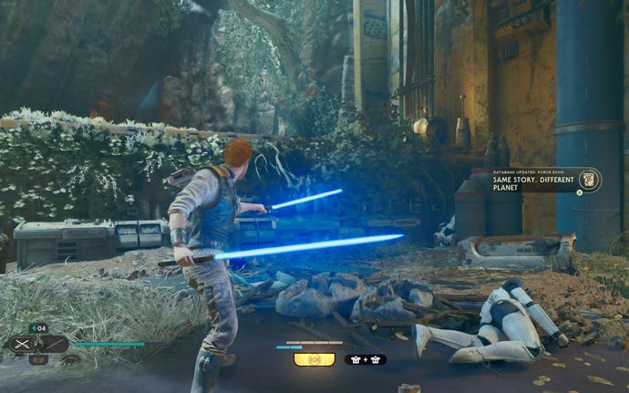 Cal and BD-1 scan a databank entry in the Basalt Rift of Koboh in Jedi: Survivor.