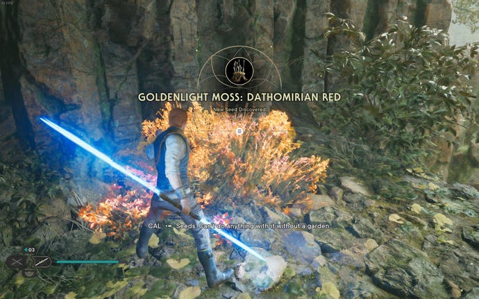 Cal slashes a plant in the Basalt Rift in Jedi: Survivor.